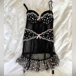 Victoria’s Secret Black polka lace garter slip 34 B